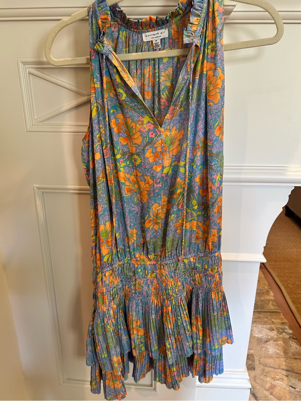Current Air Floral V-Neck Mini Dress in Blue and Orange